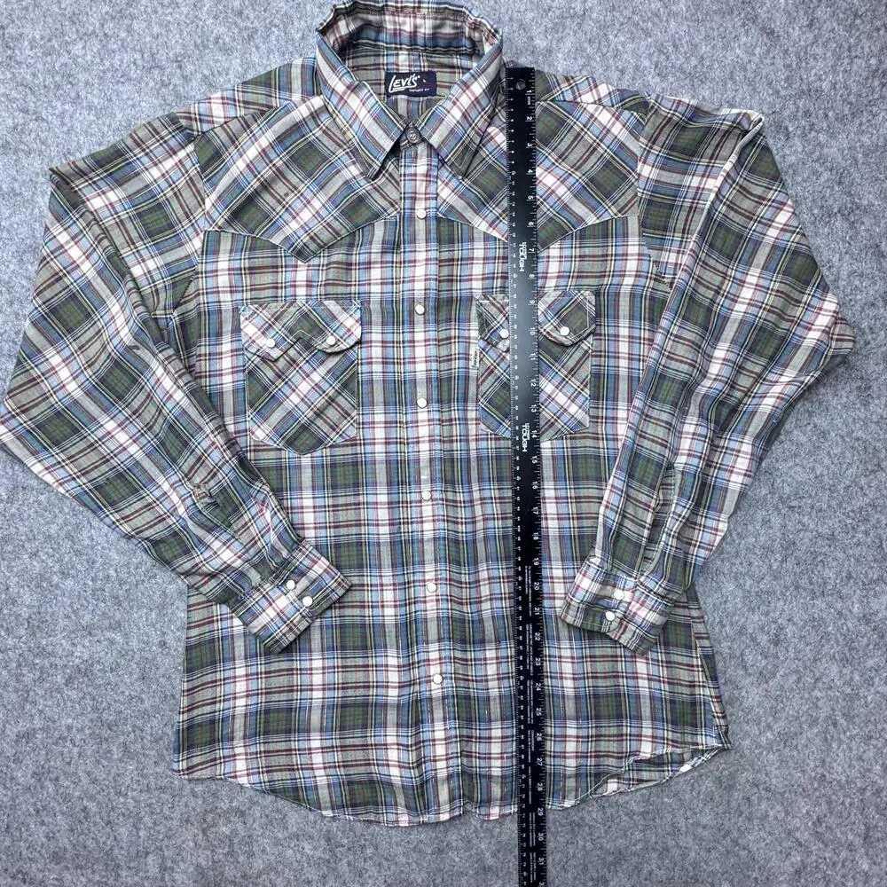 1970's Levi's Shirt Mens L Plaid Western Pearl Snap LS Vintage Tapered Fit